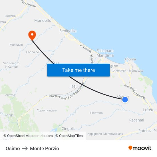 Osimo to Monte Porzio map