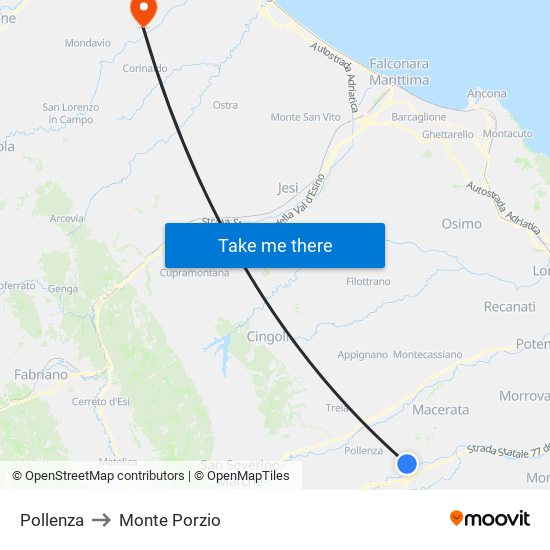 Pollenza to Monte Porzio map