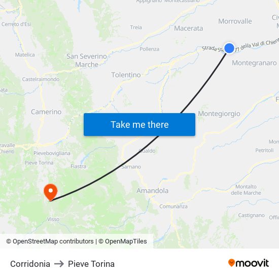 Corridonia to Pieve Torina map