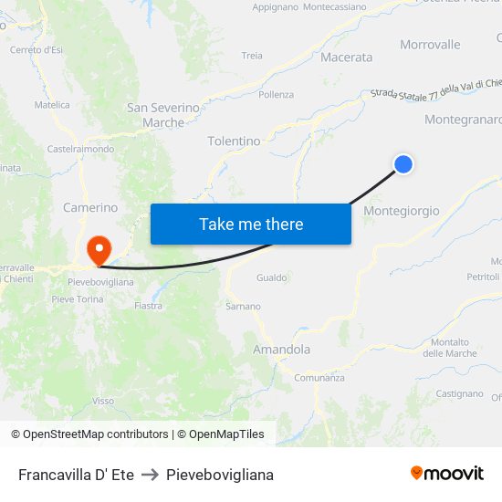 Francavilla D' Ete to Pievebovigliana map