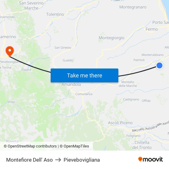 Montefiore Dell' Aso to Pievebovigliana map