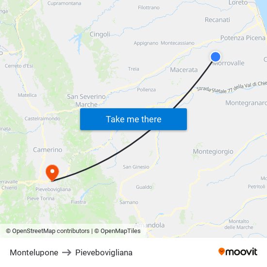 Montelupone to Pievebovigliana map