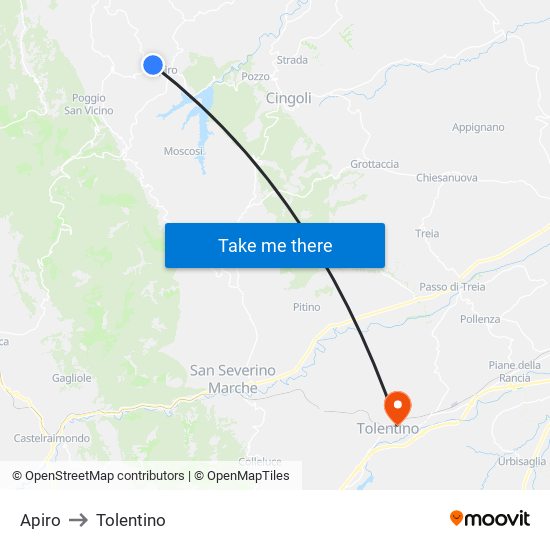 Apiro to Tolentino map