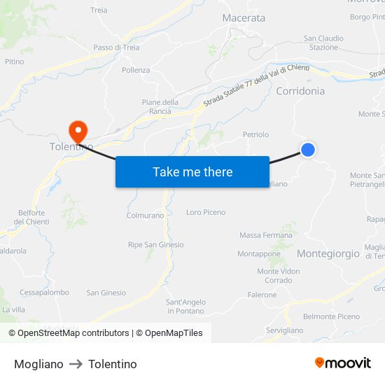 Mogliano to Tolentino map