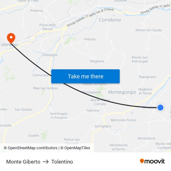 Monte Giberto to Tolentino map