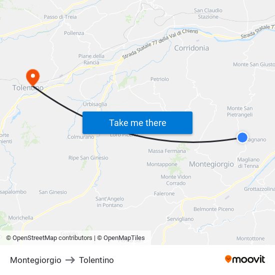 Montegiorgio to Tolentino map