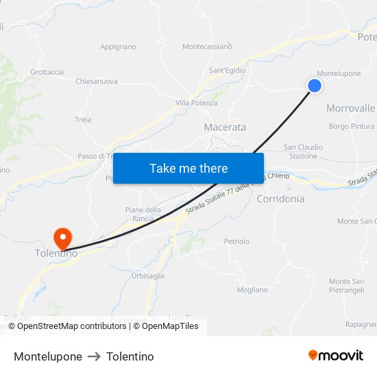 Montelupone to Tolentino map