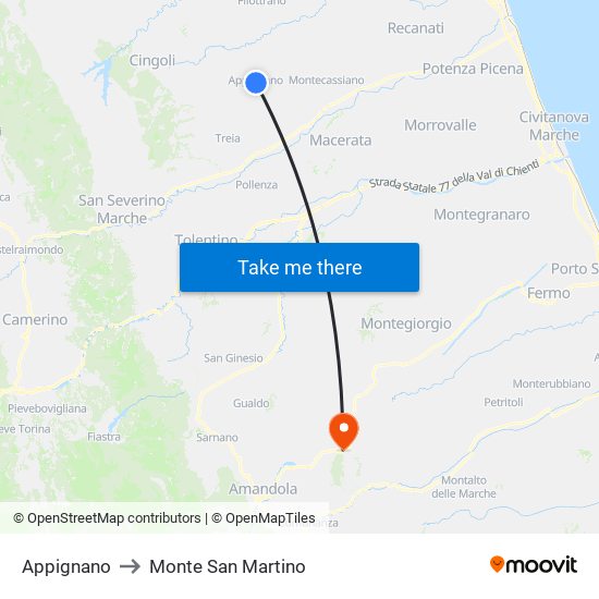 Appignano to Monte San Martino map