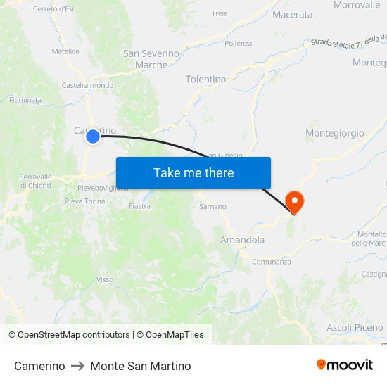 Camerino to Monte San Martino map