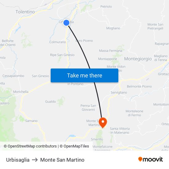 Urbisaglia to Monte San Martino map