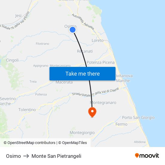 Osimo to Monte San Pietrangeli map