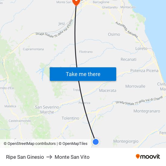 Ripe San Ginesio to Monte San Vito map