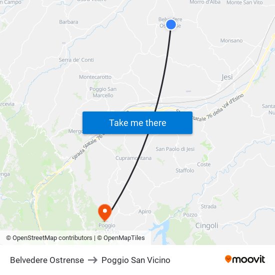 Belvedere Ostrense to Poggio San Vicino map