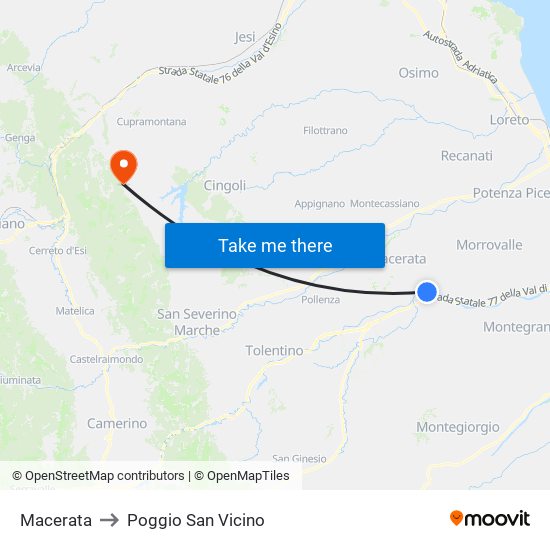 Macerata to Poggio San Vicino map
