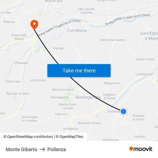 Monte Giberto to Pollenza map