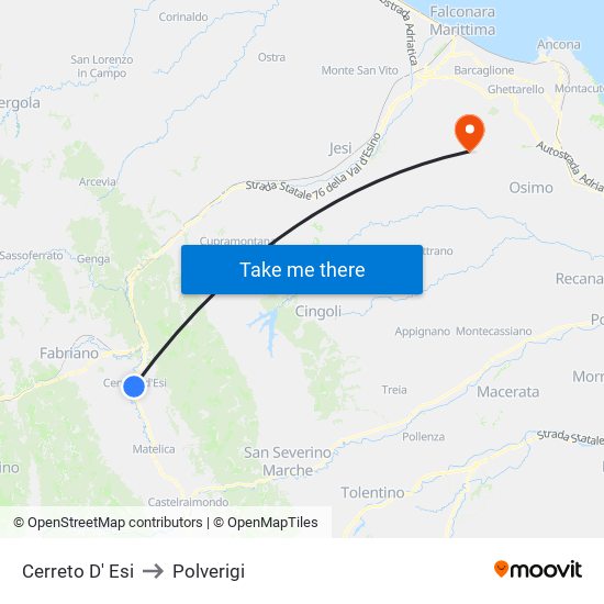 Cerreto D' Esi to Polverigi map