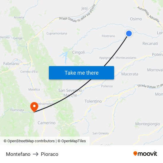 Montefano to Pioraco map