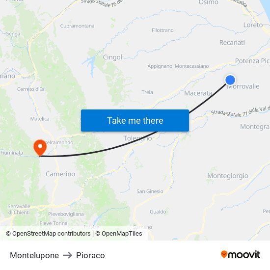 Montelupone to Pioraco map