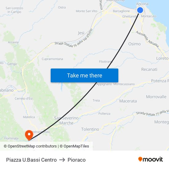 Piazza U.Bassi Centro to Pioraco map