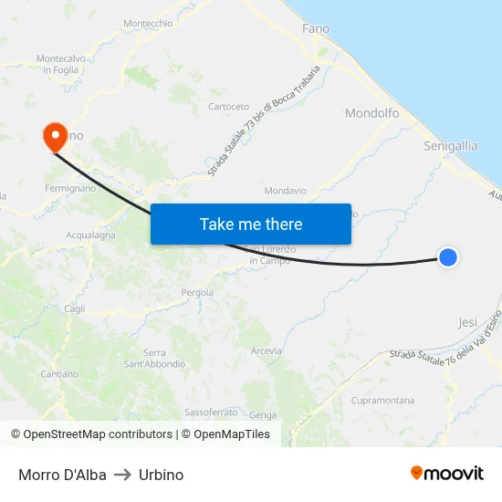 Morro D'Alba to Urbino map