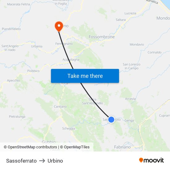 Sassoferrato to Urbino map