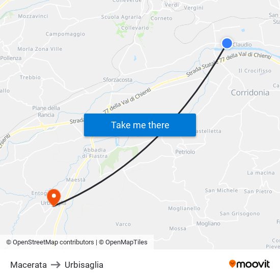 Macerata to Urbisaglia map