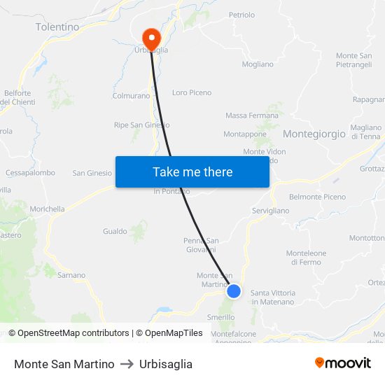 Monte San Martino to Urbisaglia map