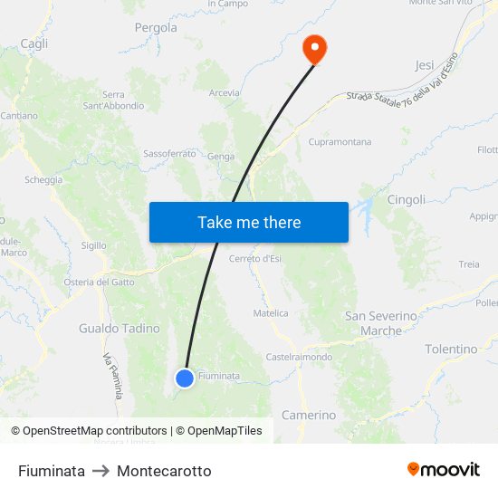 Fiuminata to Montecarotto map