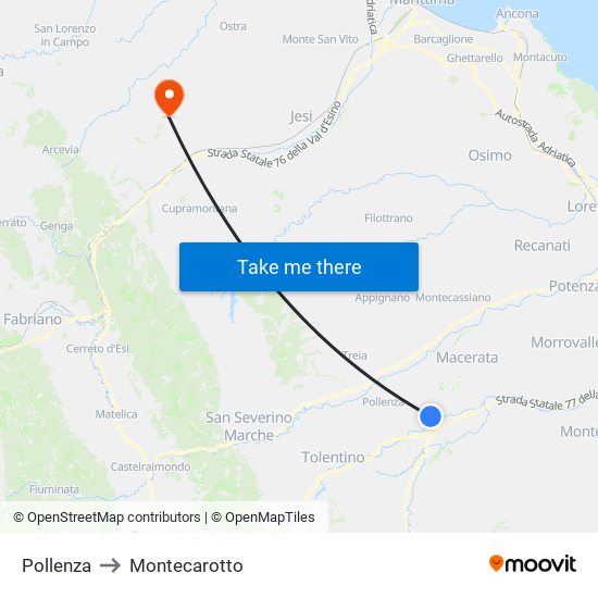 Pollenza to Montecarotto map