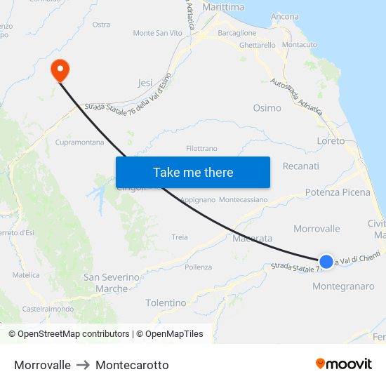 Morrovalle to Montecarotto map