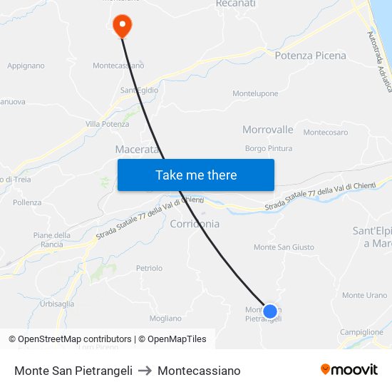 Monte San Pietrangeli to Montecassiano map