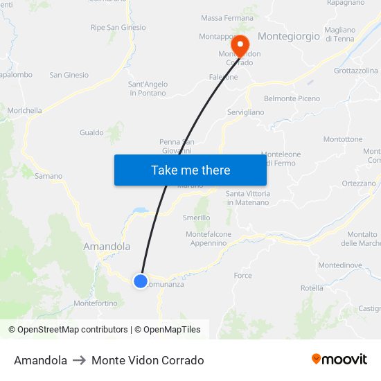 Amandola to Monte Vidon Corrado map