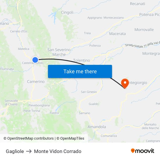 Gagliole to Monte Vidon Corrado map