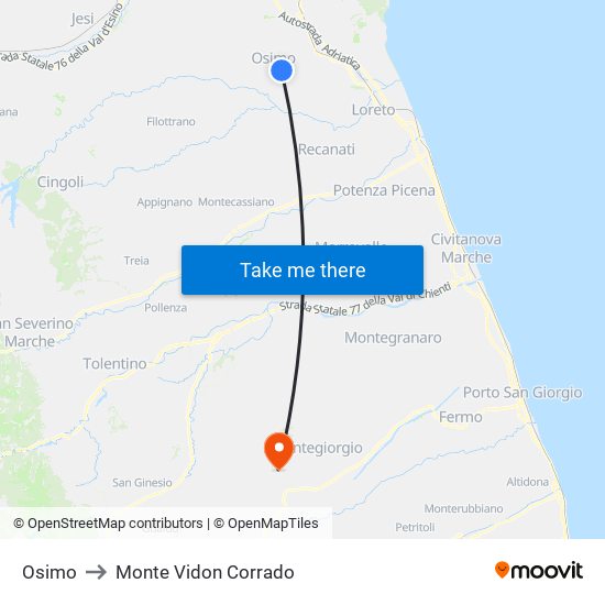 Osimo to Monte Vidon Corrado map