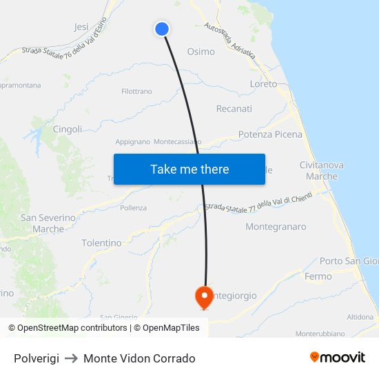 Polverigi to Monte Vidon Corrado map