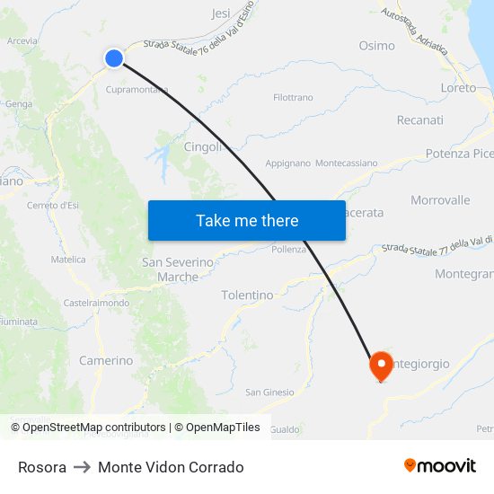 Rosora to Monte Vidon Corrado map