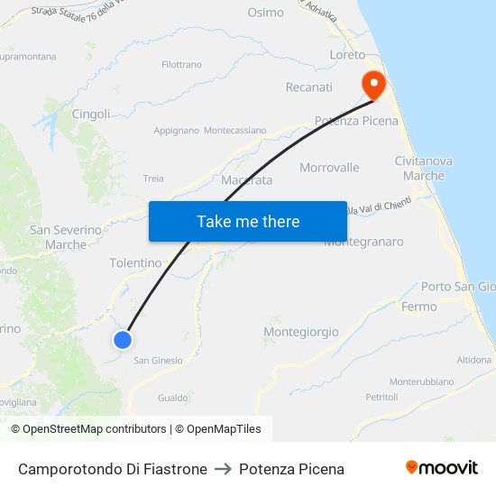 Camporotondo Di Fiastrone to Potenza Picena map