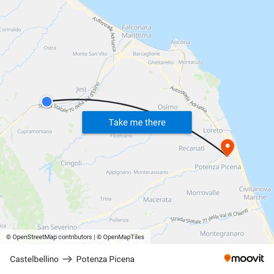 Castelbellino to Potenza Picena map