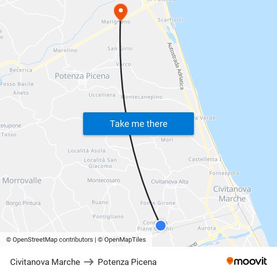 Civitanova Marche to Potenza Picena map