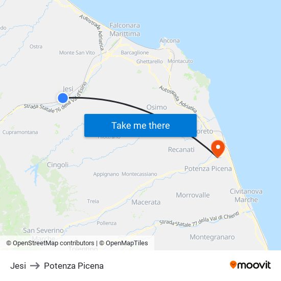 Jesi to Potenza Picena map