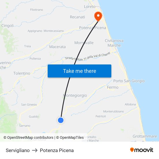 Servigliano to Potenza Picena map