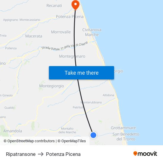 Ripatransone to Potenza Picena map