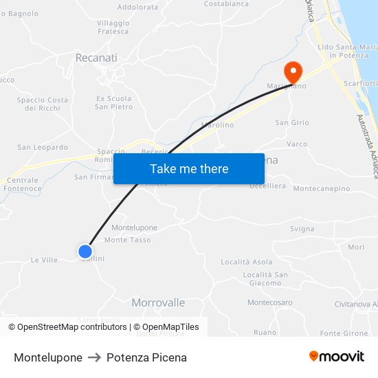 Montelupone to Potenza Picena map