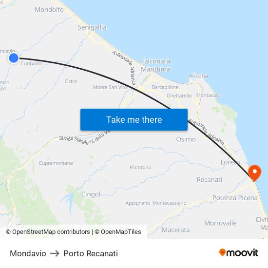 Mondavio to Porto Recanati map