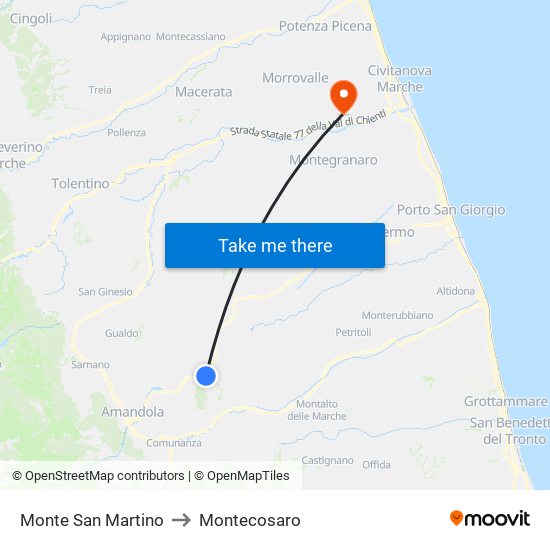 Monte San Martino to Montecosaro map