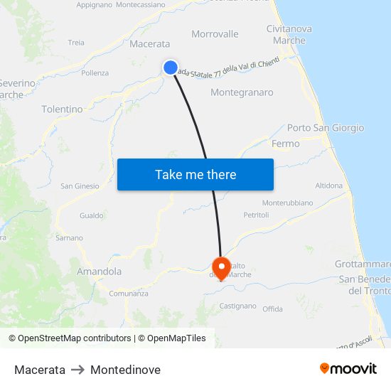 Macerata to Montedinove map