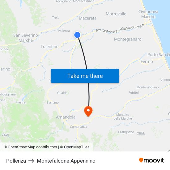 Pollenza to Montefalcone Appennino map