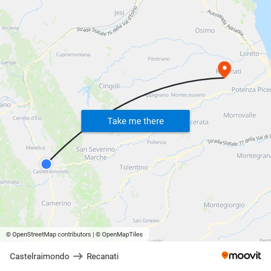 Castelraimondo to Recanati map