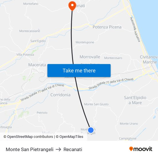 Monte San Pietrangeli to Recanati map