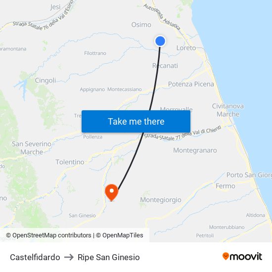 Castelfidardo to Ripe San Ginesio map